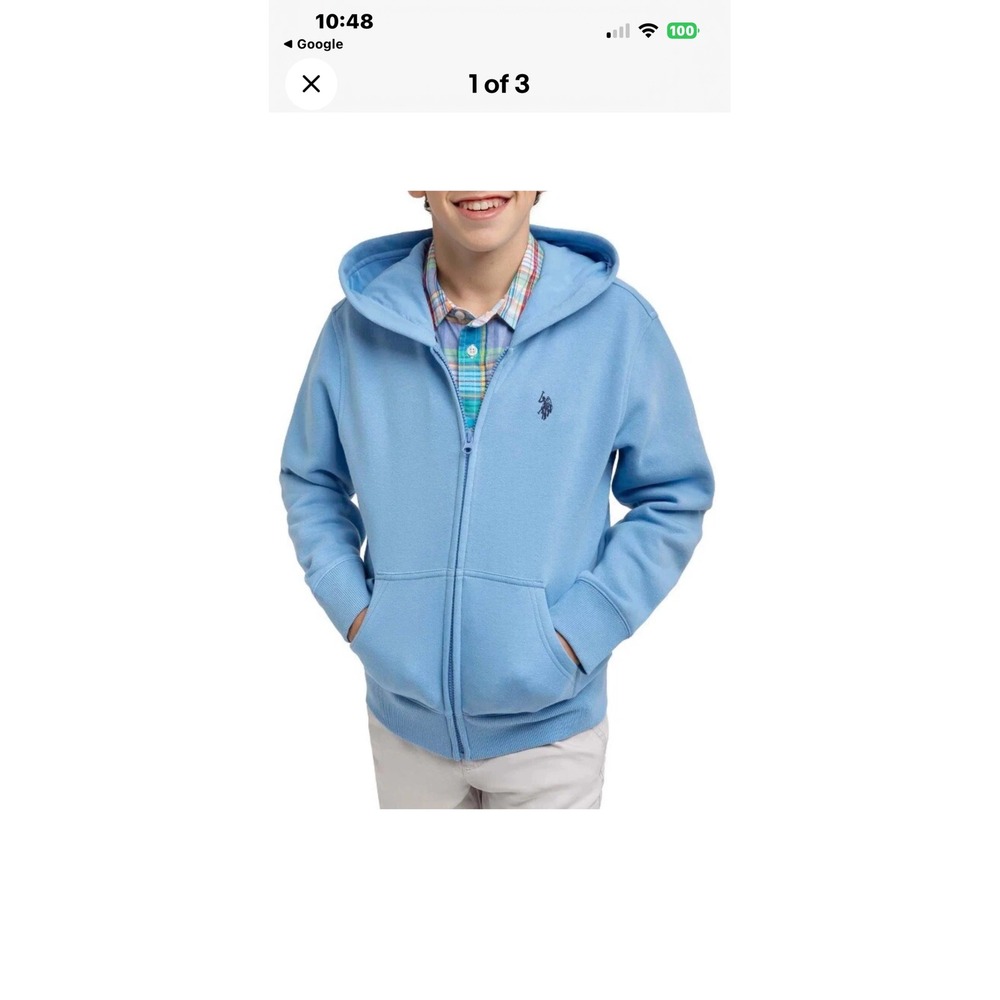 US Polo Assn Kids Zip Up Hoodie Light Blue‎ Logo Sweatshirt Size L 10-12